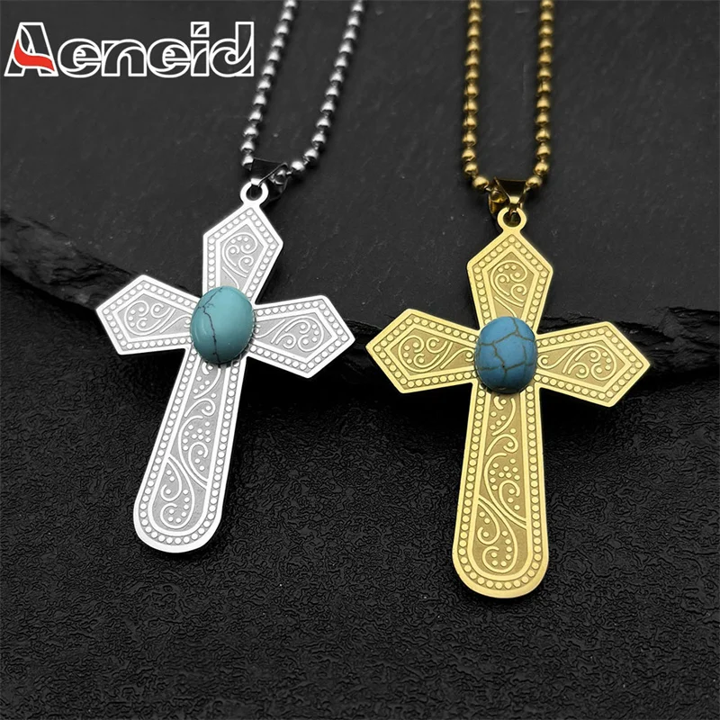 

Jesus Cross Turquoise Stone Car Pendant for Women Men Gold Color Stainless Steel Catholic Religion Amulet Jewelry Gifts ﻿