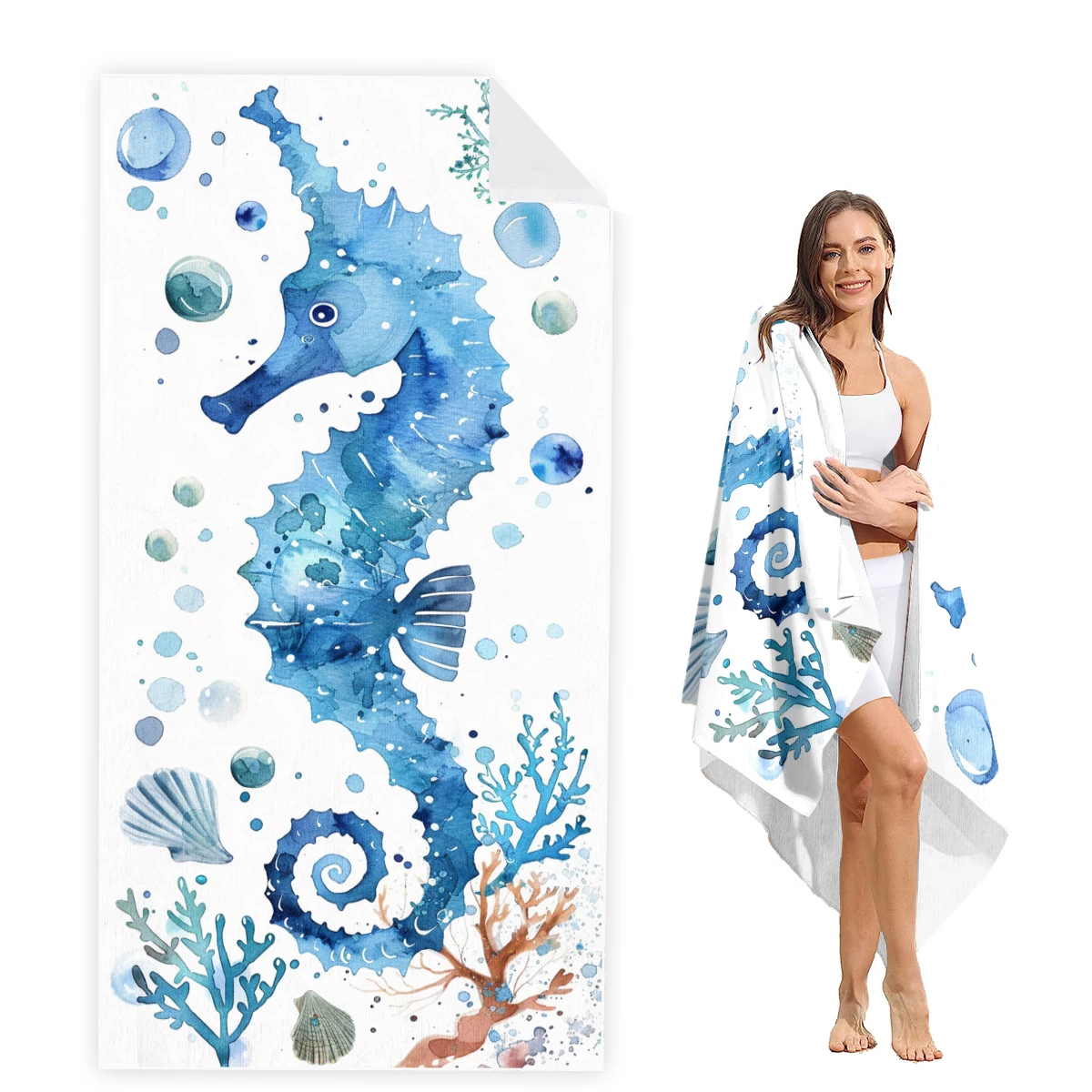 Sea Horse Beach Towel Oversized, Super Absorbent Sand Free Thick Microfiber Beach Towel,Beach Towels for Kids,Men,Women,Girls