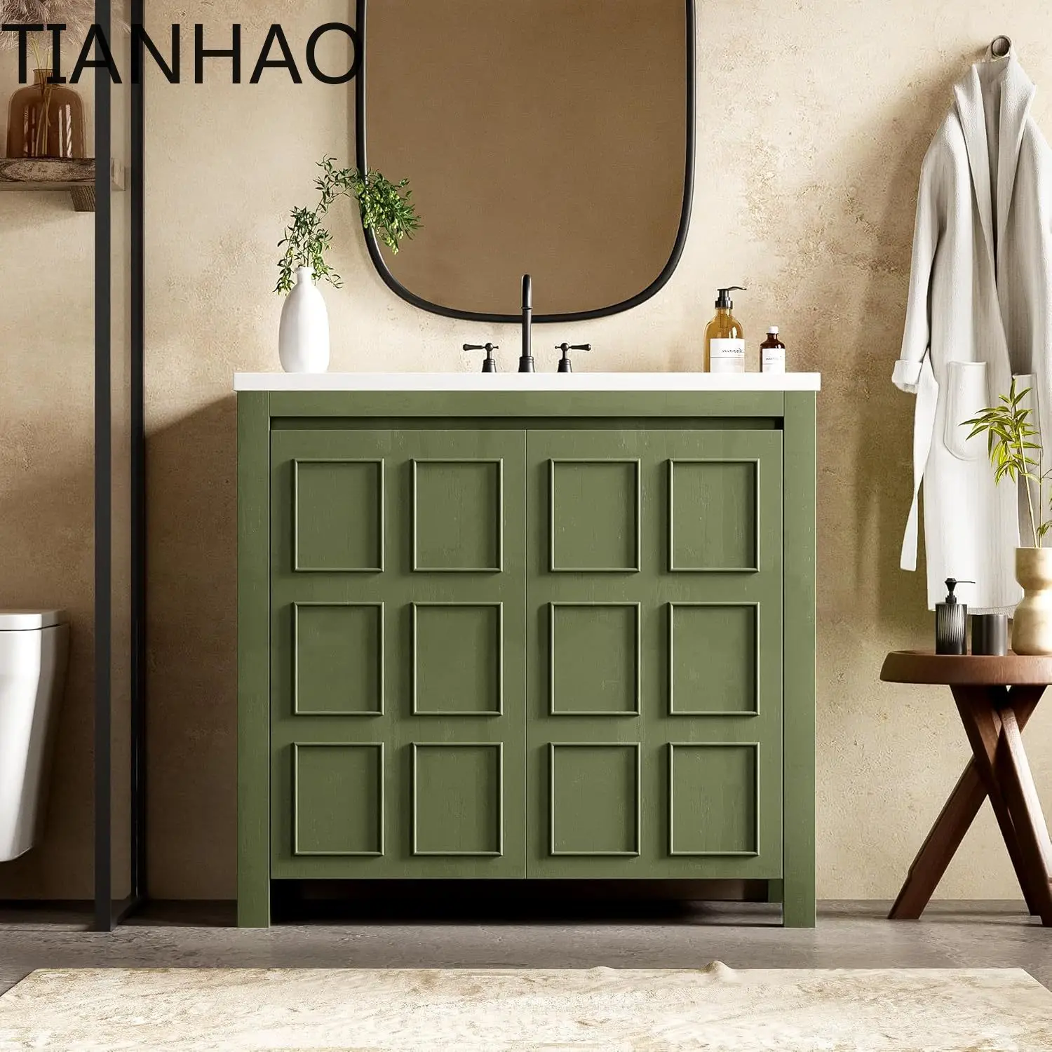 36 Inch Freestanding Bathroom Vanity with Sink Wooden Cabinet Adjustable Shelf Ceramic Basin for Home for Customized Use