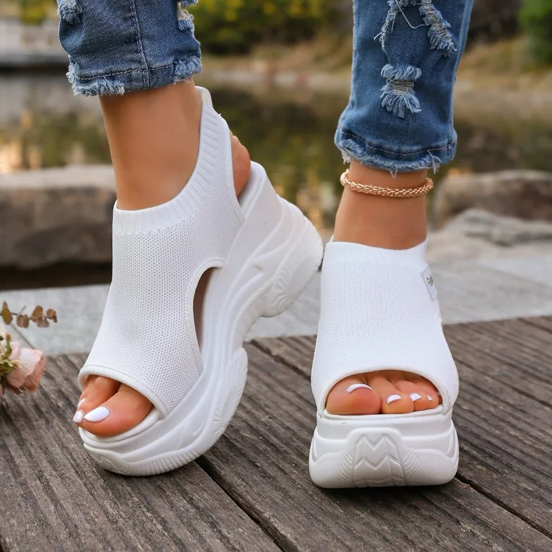 Summer Fashion Women Wedge Sandals 2026 Best Selling New Knitted Hollow Solid Thick Soled Female Shoes Casual High Heel Sandals