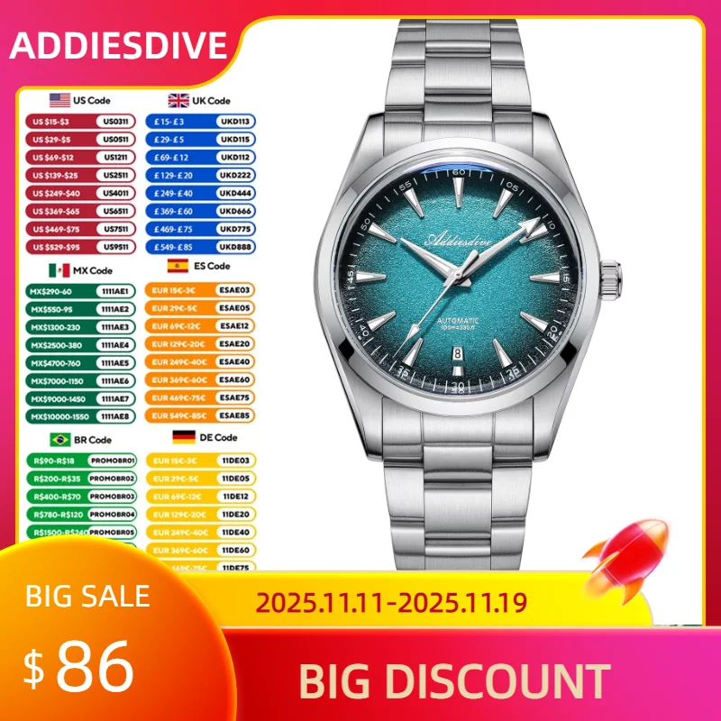 

ADDIESDIVE 39mm Men Luxury Automatic Mechanical Watches Gradient Blue Waterproof Luminous AR Coated Fashion Diving Watch AD2527