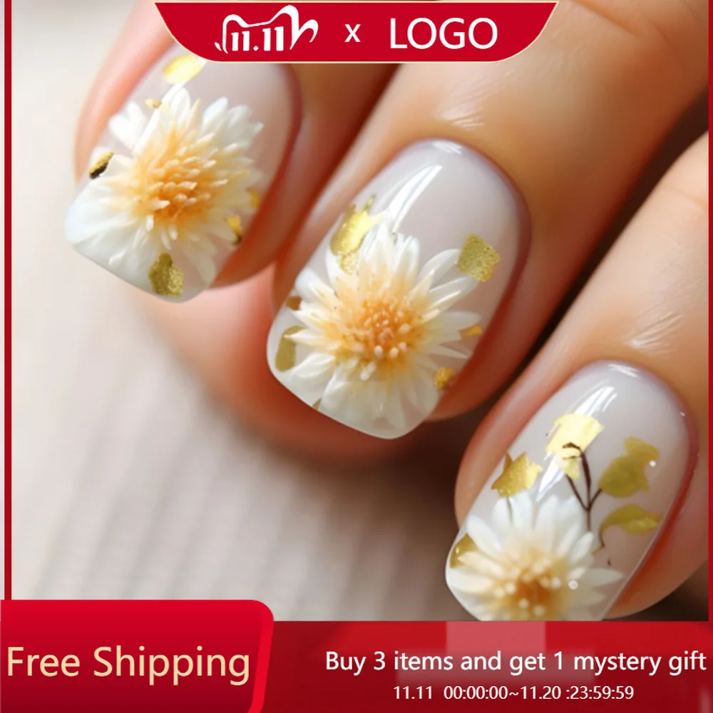 

24pcs/box Fake Nails Aesthetic Double Layer Flower Short European Square Type Press-on Nail Piece Suitable As A Gift for Friends