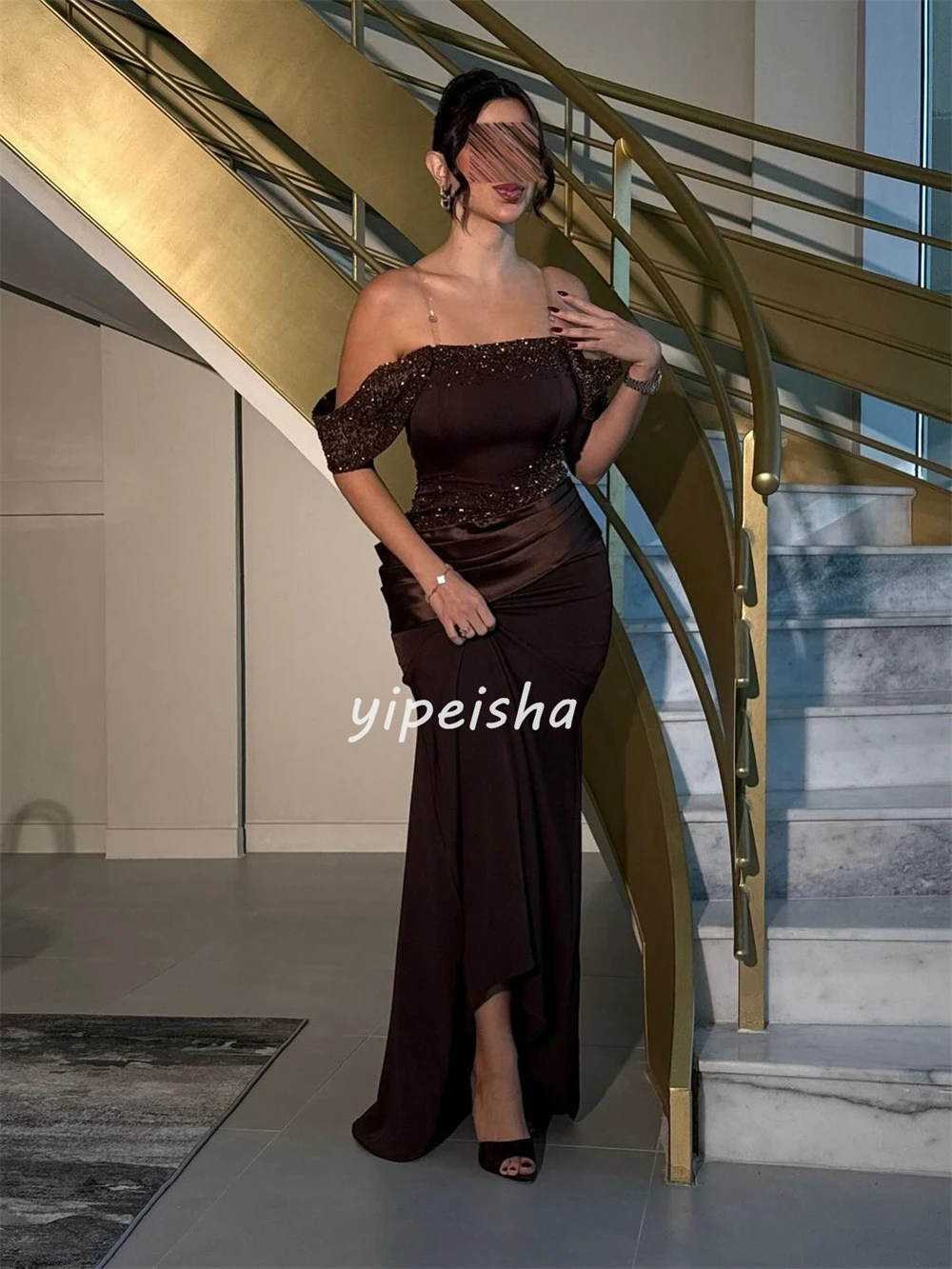 Vestidos largos personalizados con lentejuelas y cuentas, Jersey elegante brillante, corte en A, hombros descubiertos, vestidos para ocasiones a medida, estilo moderno