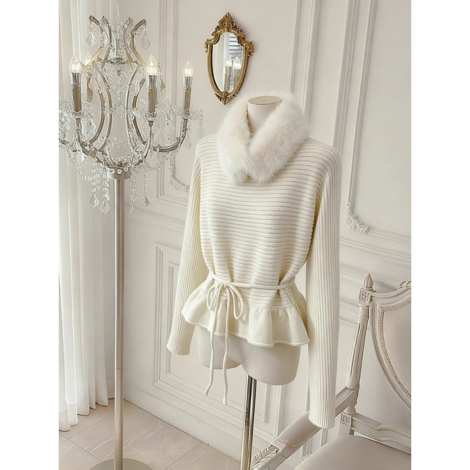 Tie-Dye Knitted Sweater with Faux Fur Collar Detachable Autumn Winter New Sle Warm Casual Loose Fit Long Sve Women's Top