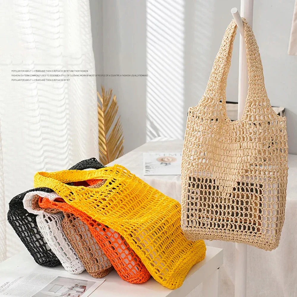 Fashion Summer Beach Straw Bags Women Shoulder Bag Female Hollow Handwoven Soft Handbag Large Casual Tote Simple Storage Bag