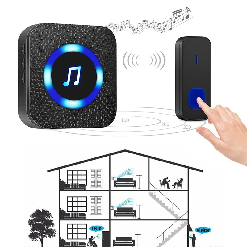 Waterproof Wireless Doorbell Kit, Door Bell Alarm With 1000 Feet Operating Range, Door Chime Alarm With 4 Volume Levels, 55 Melo