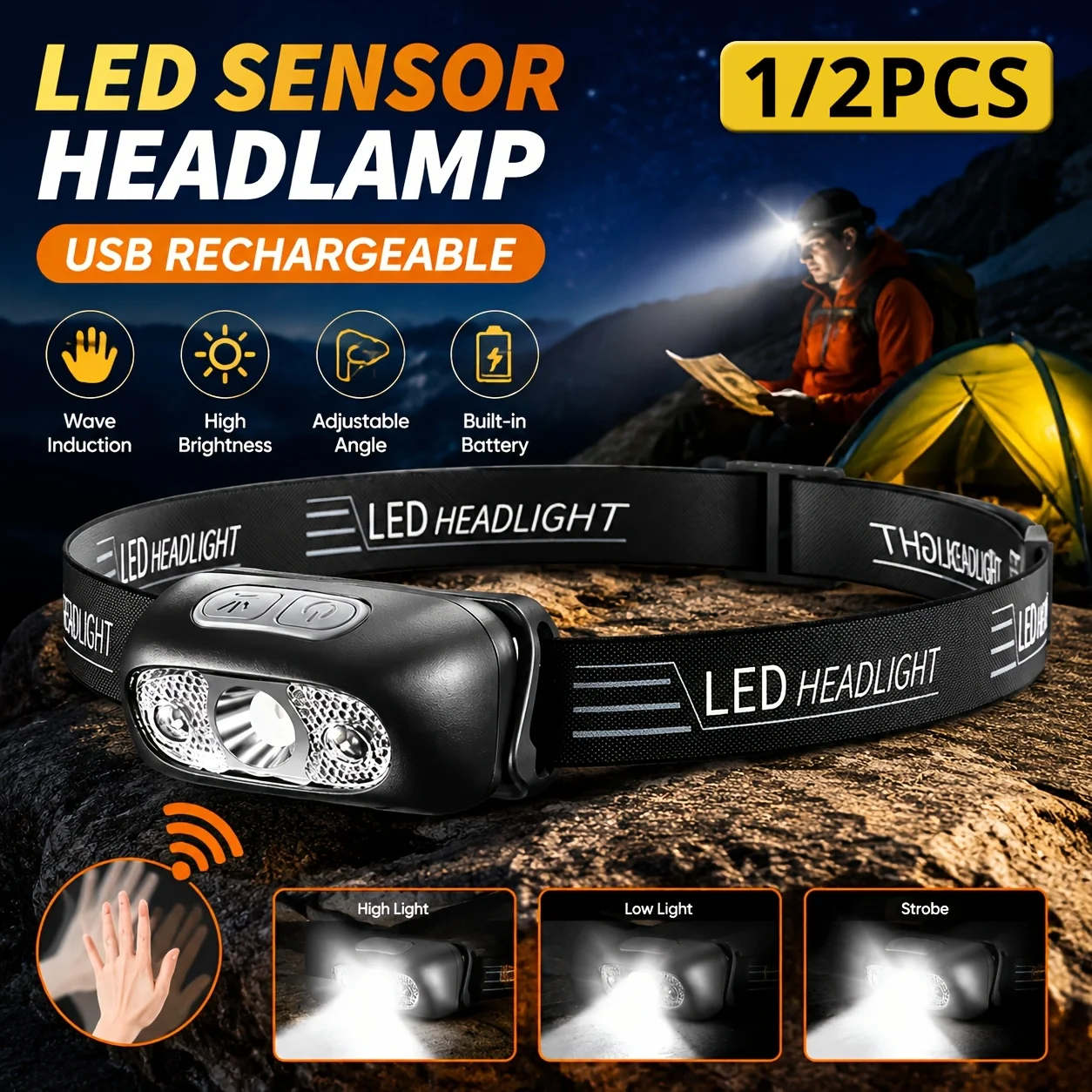 Powerful Sensor Adjustable Led Head Flashlight USB Rechargeable COB Headlamp Mini Camping Fishing Outdoors Emergency Headlamp