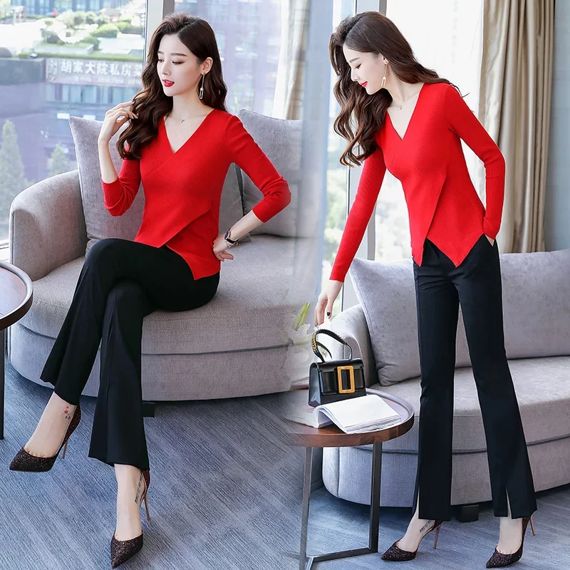 Temperament suit women's 2018 new autumn knit long sleeve slimming jacket wide leg pants fashion goddess two-piece set