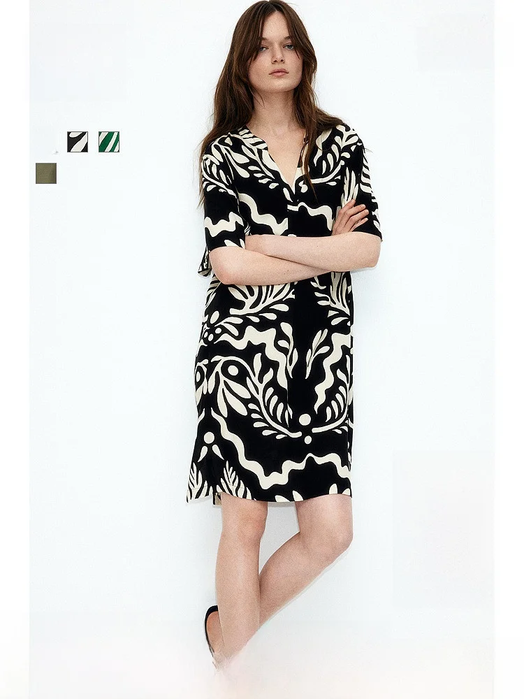 

Женское платье H&M с цветочным принтом, в китайском стиле, с завышенной талией, воротником-стойкой и V-образным вырезом, для создания праздничного образа