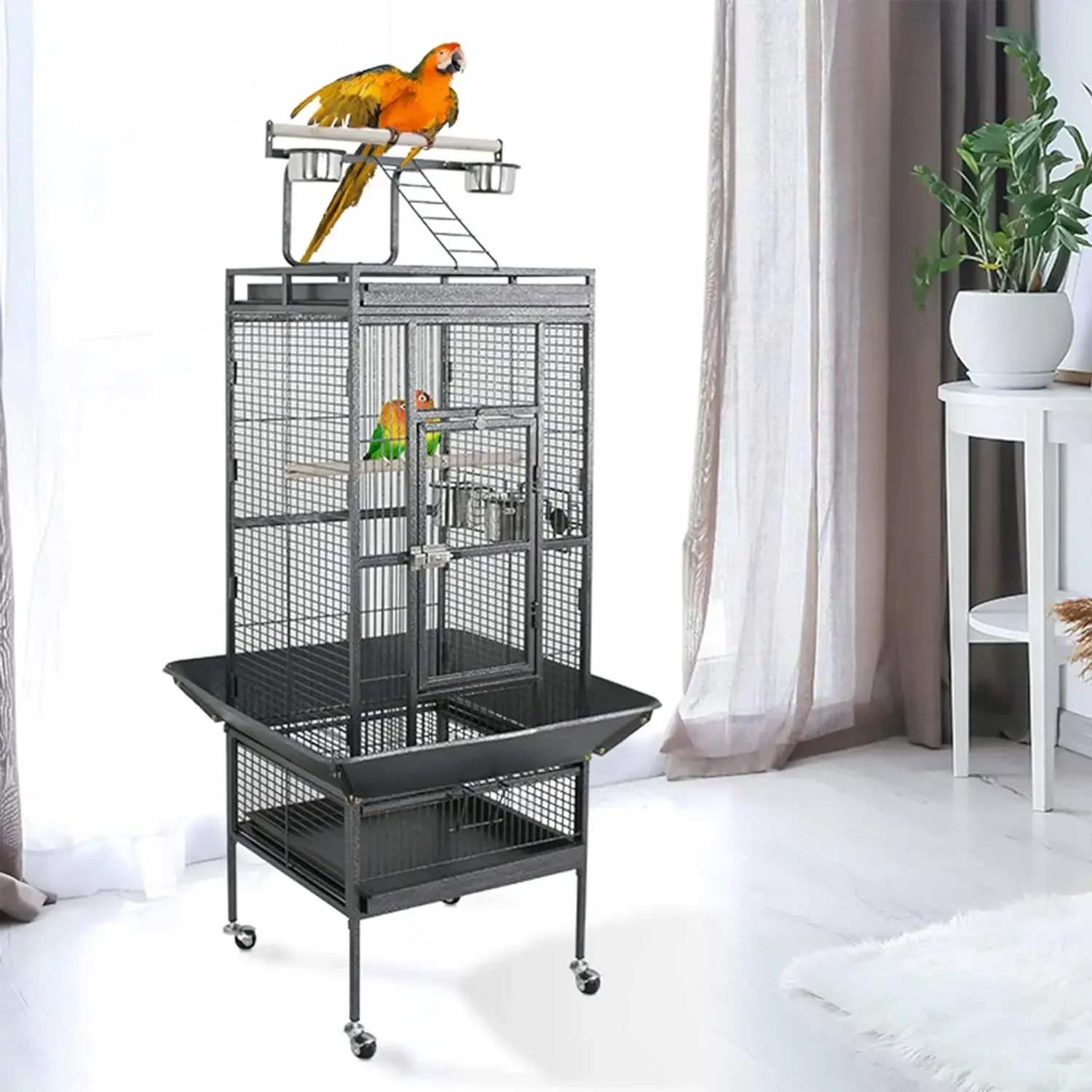 61-inch Parrot Bird Cages, Wrought Iron Large Birdcage with Rolling Stand for Quaker Cage Birdcage (Black)