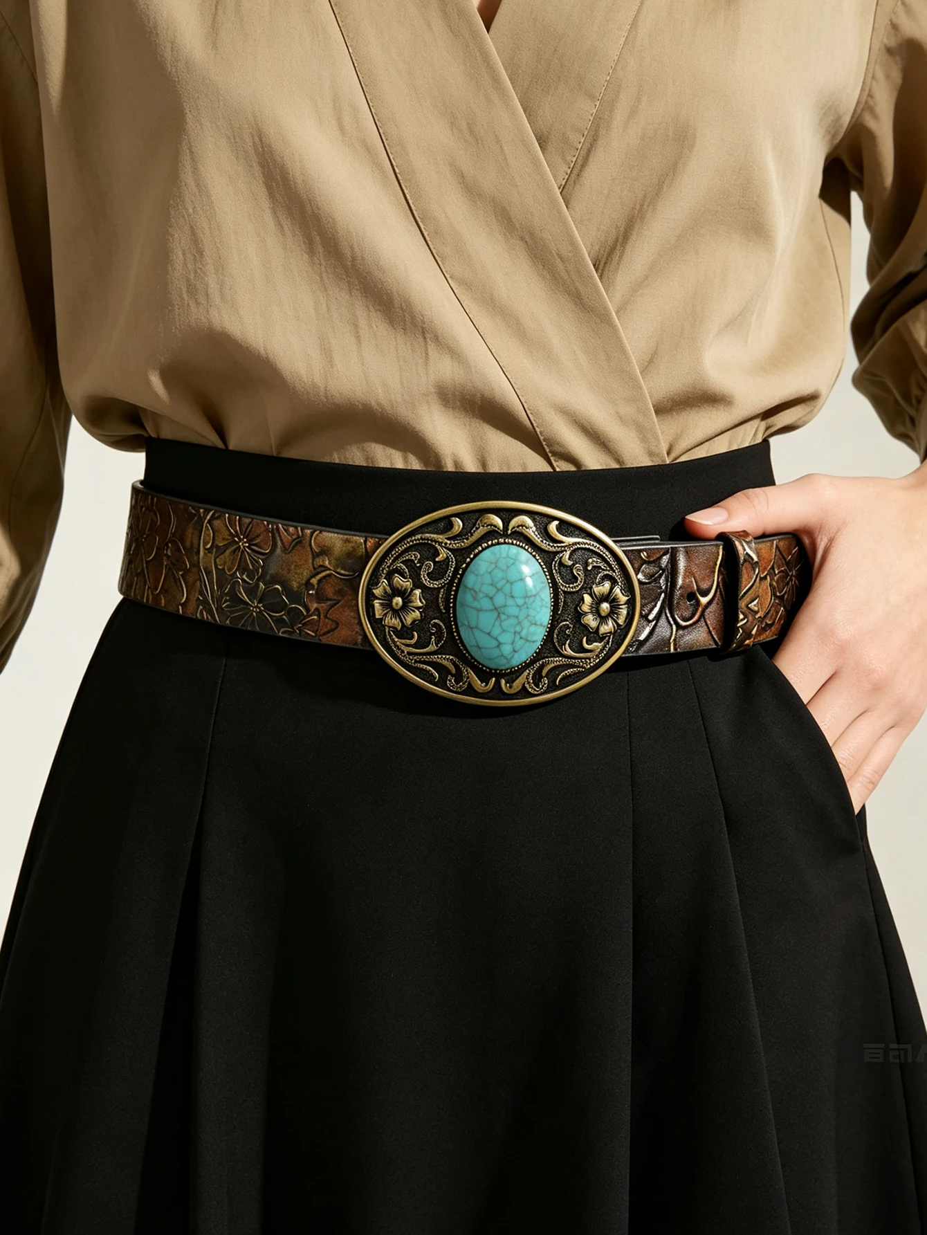 Western Vintage Floral Turquoise Plate Buckle Pu Belt, Bohemian Ethnic Embossed Wide Waist Belt
