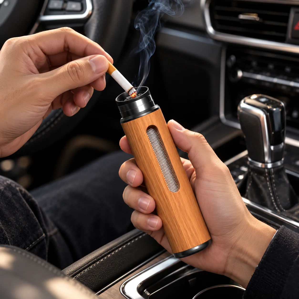 Handheld Creative Ash For Car Drivers or Passengers Holder Wood Grain Car Ashtray Non-dropping Anti Soot-flying Heat Resistant