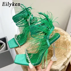 Eilyken sandali da donna con piume di cristallo moda scarpe con tacco alto stringate incrociate 2024 décolleté da donna Sexy per abiti da festa estivi