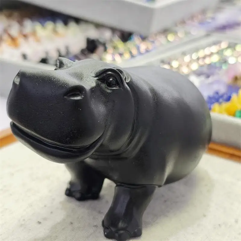 Natural Black Obsidian Hippo Carving Handmade Polished Animal Powerful Statue For Home Decoration Lucky Gift 1PCS