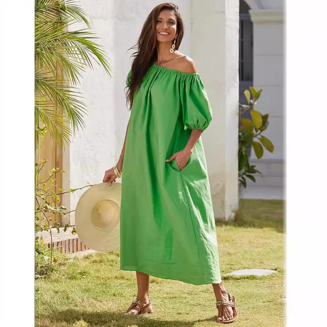 Fashionable Women\'s Green Lace Up Dress French Casual Lazy Style Bubble Sleeves Slanted Shoulder Short Sleeved Elegant Dress