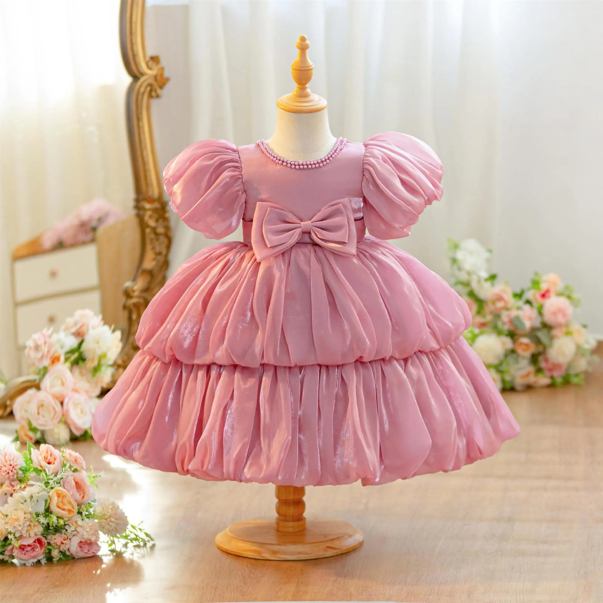 

Hetiso Baby Girls Party Dress Puff Sleeve Newborn Birthday Ball Gown Beading Infant Christmas Holiday Frocks 0-2 Years
