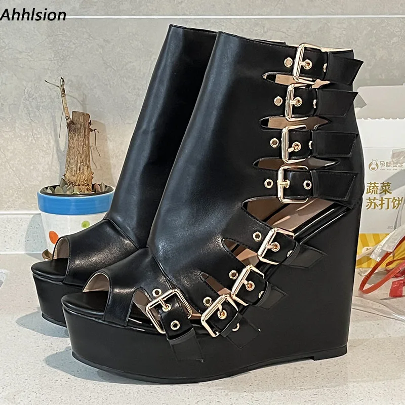 

Ahhlsion/женские летние сандалии ручной работы на платформе с боковой молнией на танкетке, элегантные черные туфли для вечеринок с открытым носком, женские размеры США 5-20