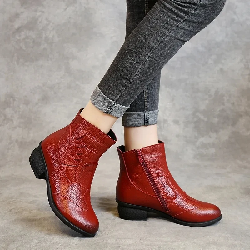 Genuine Leather Boots Woman Winter 2022 Round Toe Ankle Boot Female Low Heel Shoe Woman Short Booties Black Red