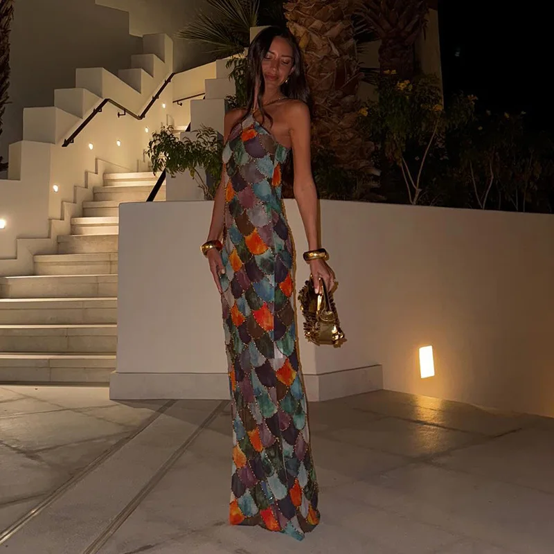 Trendy Vintage Maxi Dresses Sleeveless Bodycon Female Long Gowns Summer Chic Vacation Women Eye-catching Elegant Streetwear