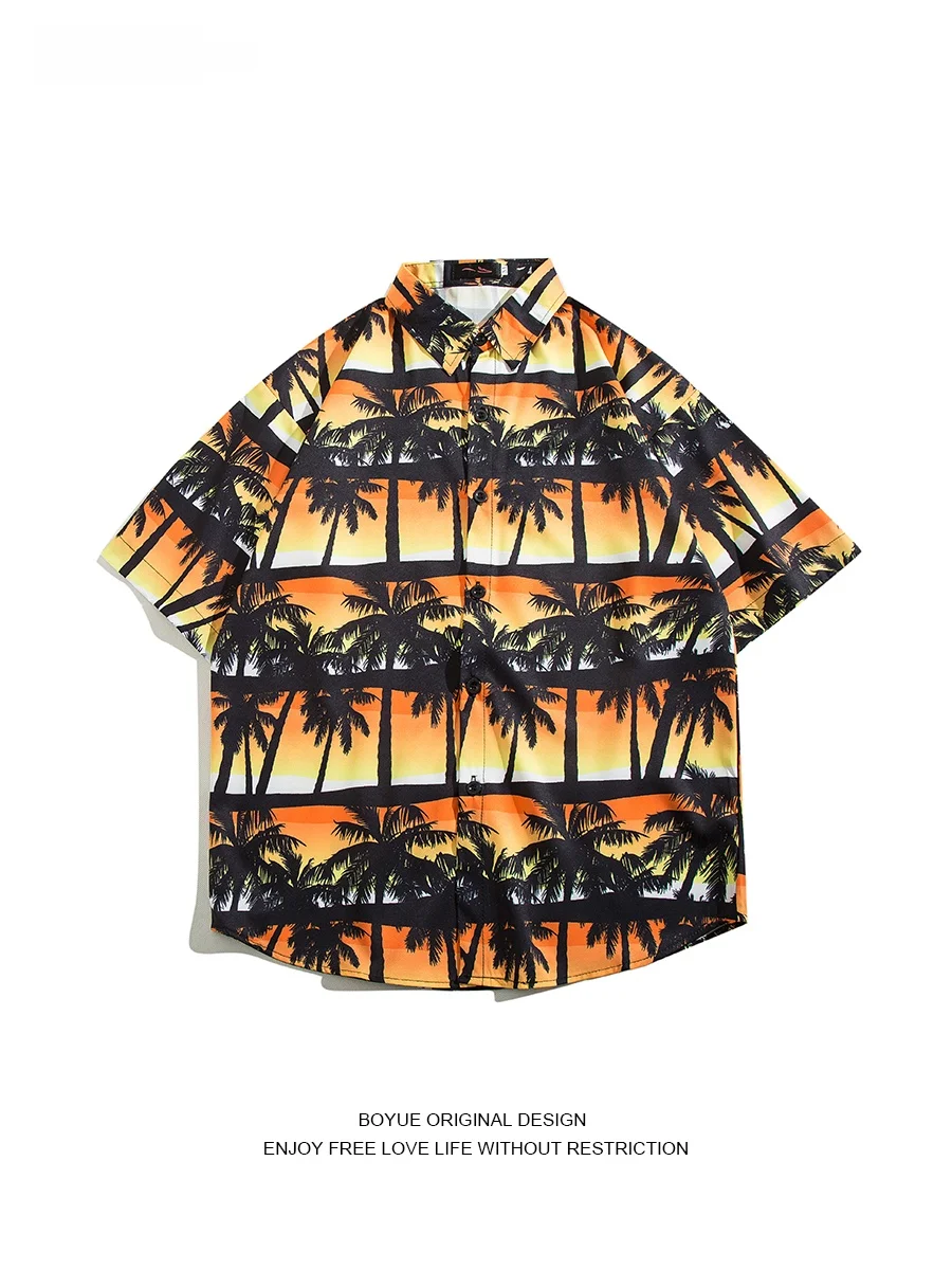 

Мужская летняя рубашка Boyue в гавайском стиле, из ледяного шелка, с принтом деревьев, повседневная, свободного кроя, молодежная, трендовая, для летнего отдыха