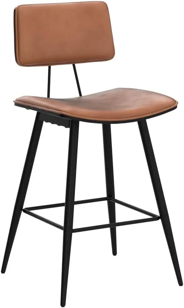 Juego de 4 taburetes de bar con altura de mostrador de madera curvada, taburetes de bar tapizados de cuero PU marrón whisky con respaldo, reposapiés y patas de metal, B