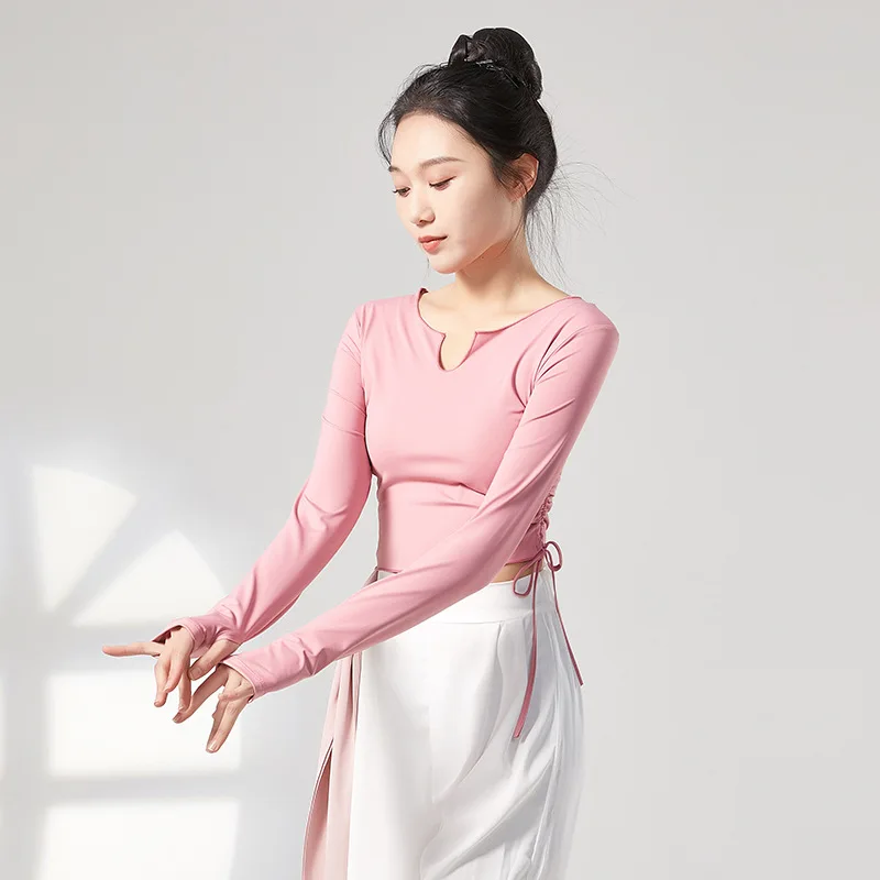 Adult Slim Fit U Neck Side Tie Long Sleeve Belly Dance T Shirt Crop Top Costume for Women Dancing Clothes Dancer Clothing Wear
