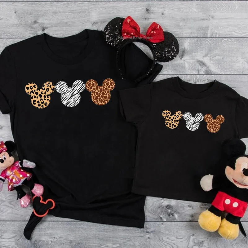 Disney Leopard Mickey Ears Shirts Funny Animal Kingdom Family Matching Outfits Cotton Look Mother and Kids Disney Trip Clothes