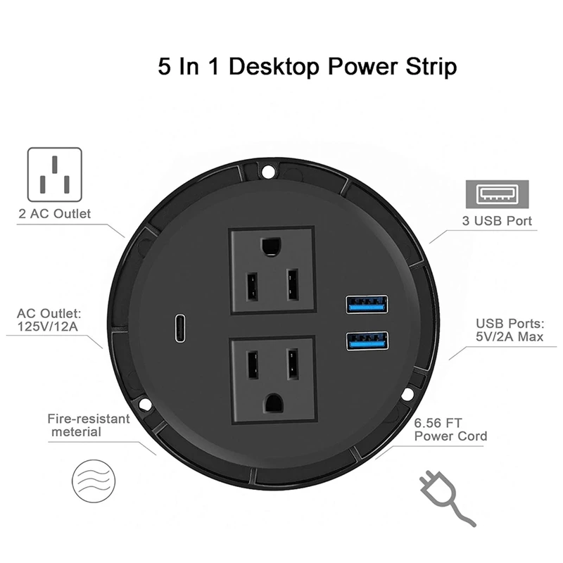 Power Grommet With USB For Desktop Desktop Power Data Outlet With 2 AC Outlets And 2 USB Ports Durable Easy To Use Black US Plug