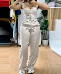 Two Piece Set Women Outfit 2025 Fashion Thick Strap Button Front Slim Fit Tank Top High Waist Wide Leg Pants Casual Outfit Set