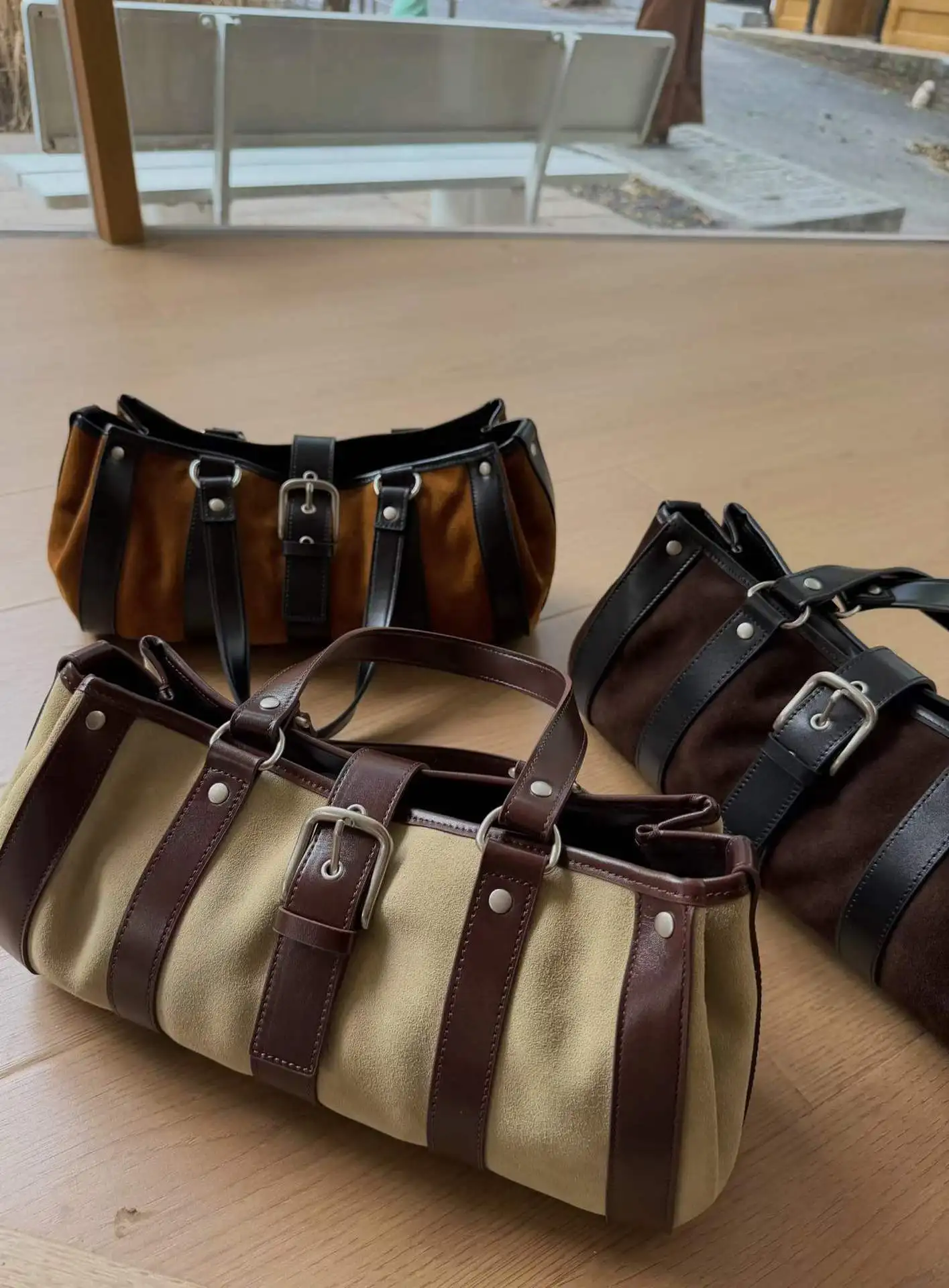 FIRMRANCH 2026 Autumn New Suede Patchwork Cowhide Contrast Color Striped Design Retro motorcycle Bag Women's Shoulder Purse