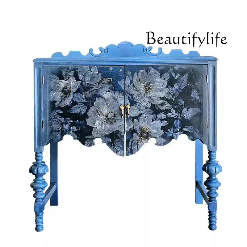 

French retro porch cabinet solid wood carving flower living room shoe cabinet American country entrance foyer art storage