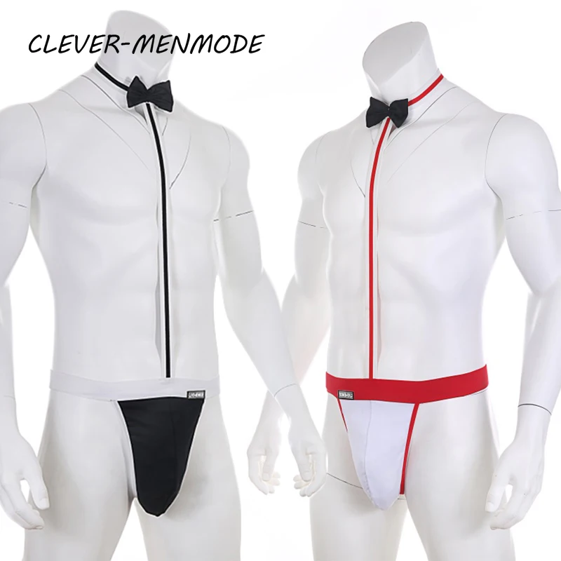 CLEVER-MENMDOE Kebaruan Pria Seksi Mankini Thong Gay Pakaian Dalam Erotis Lingerie Pelayan Porno Kostum Suspender Bodysuit Dasi Teddies