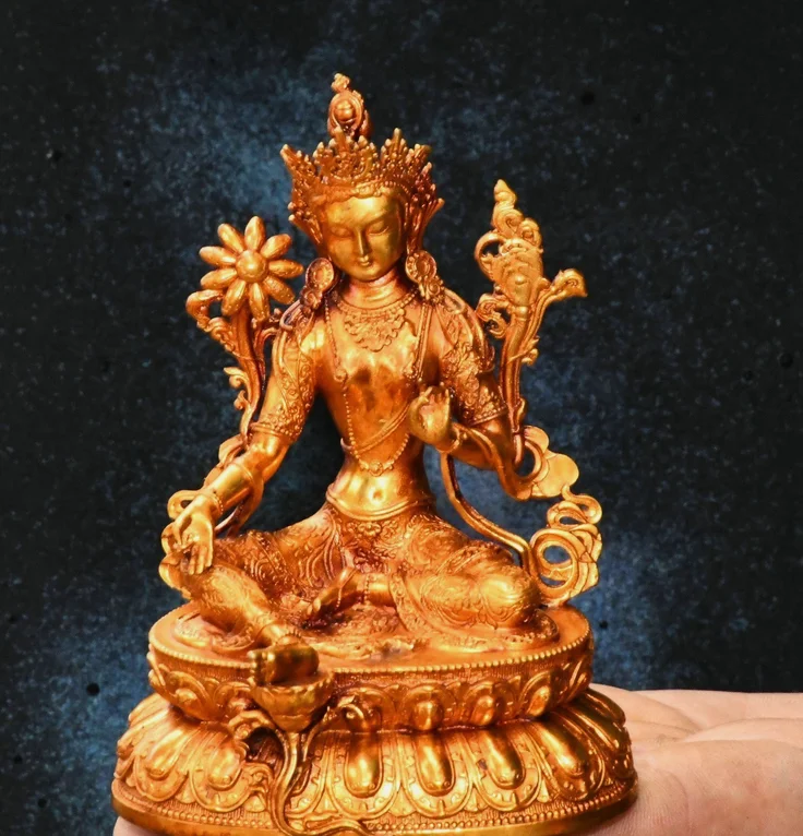 4.3''Old Tibetan Bronze Gilt Green Tara Mahayana Enlightenment Buddha Statue