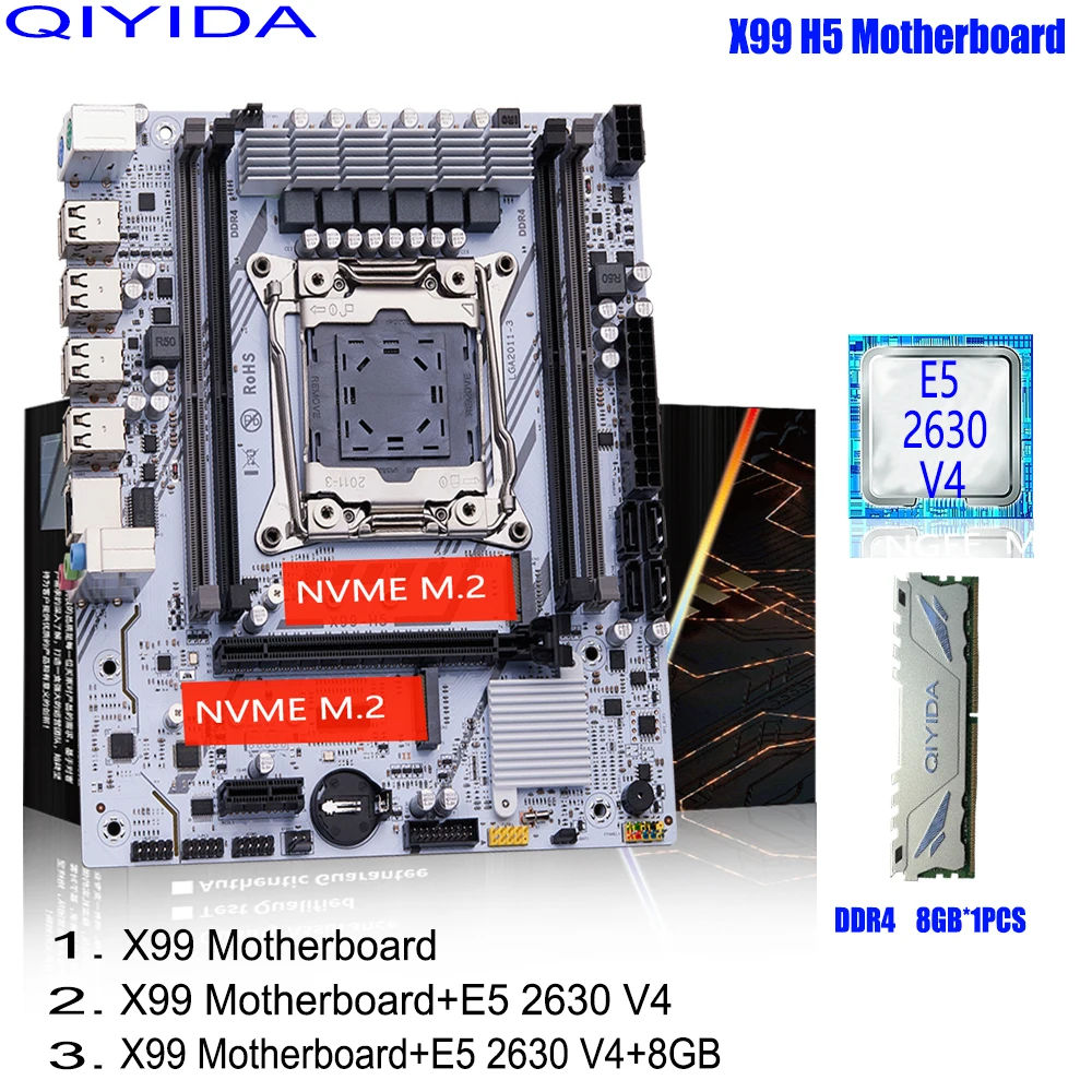 QIYIDA X99 Motherboard Set Kit With LGA2011-3 Xeon E5 2630 V4 CPU DDR4 8GB memory PCI 16x NVME M.2 SATA x99 H5
