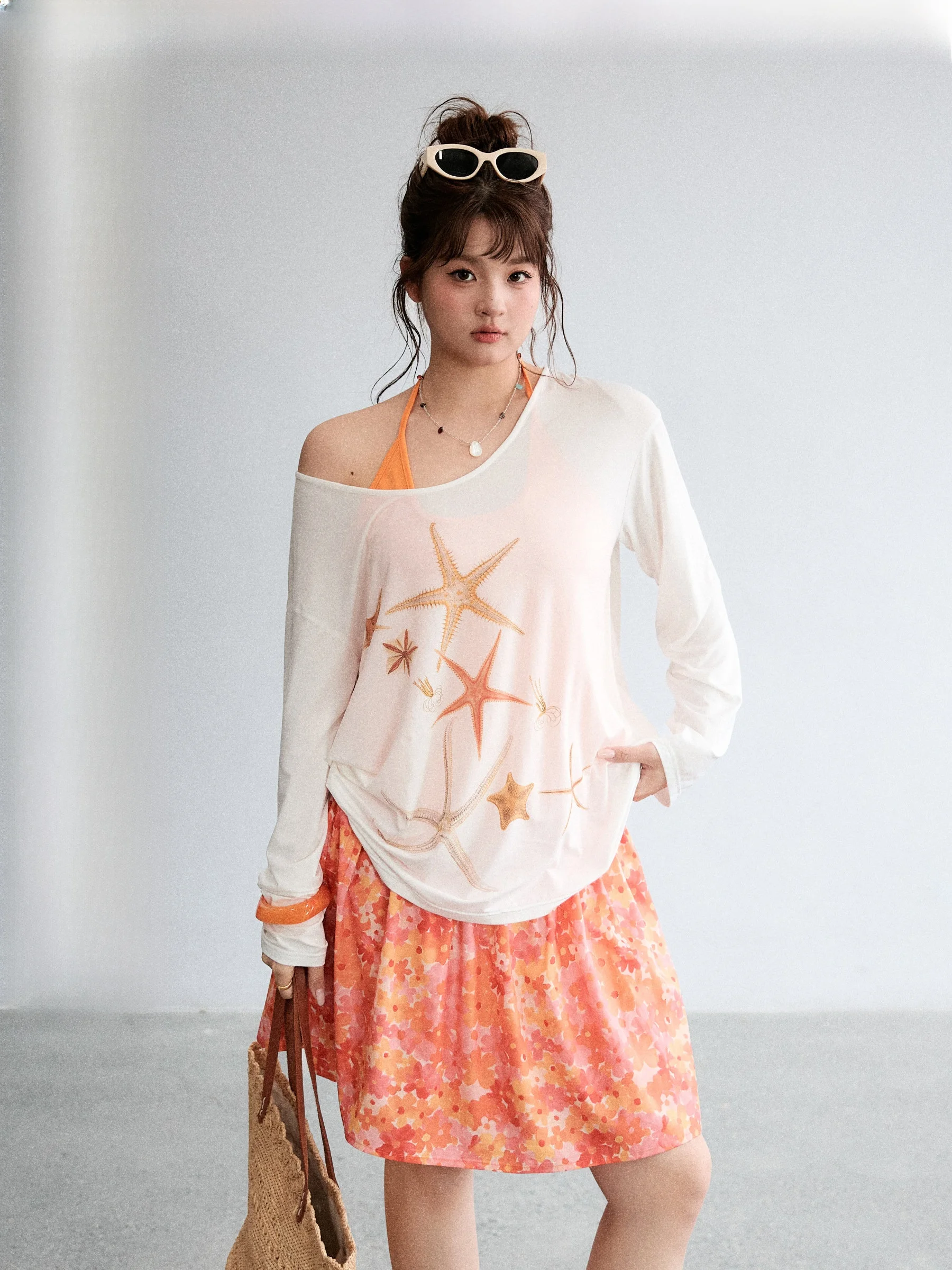 

Orange Flavor plus Size Set with Sea Star Print T-Shirt And Floral Half Skirt by Jululook Studio Comfortable Casual Outfit
