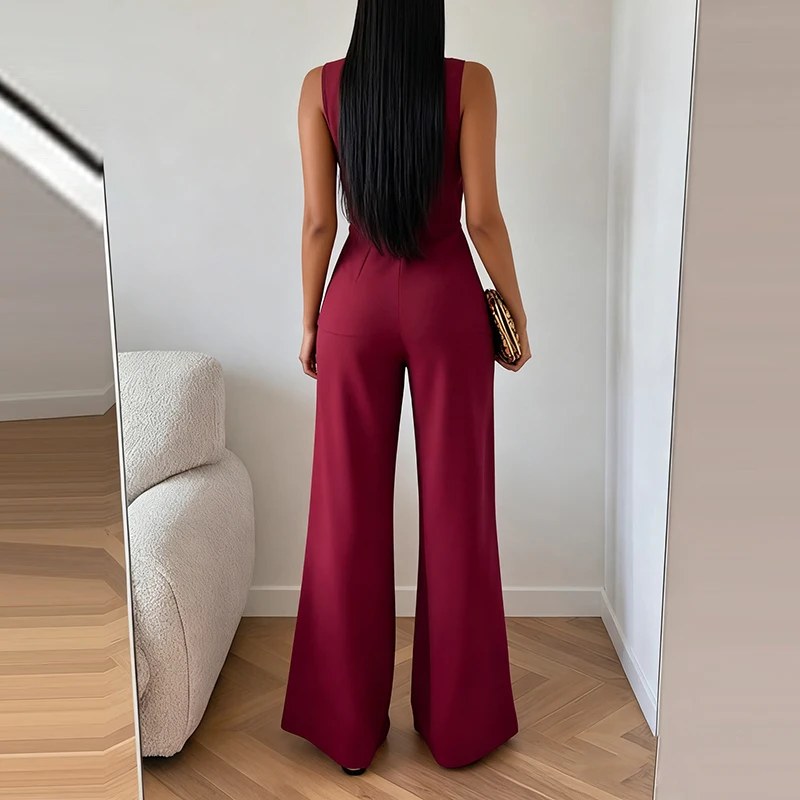 

Элегантный комбинезон с круглым вырезом без рукавов, длинный, летний, модный, простой, драпированный, для вечеринок, женский, повседневный, с высокой талией, однотонный, 2026