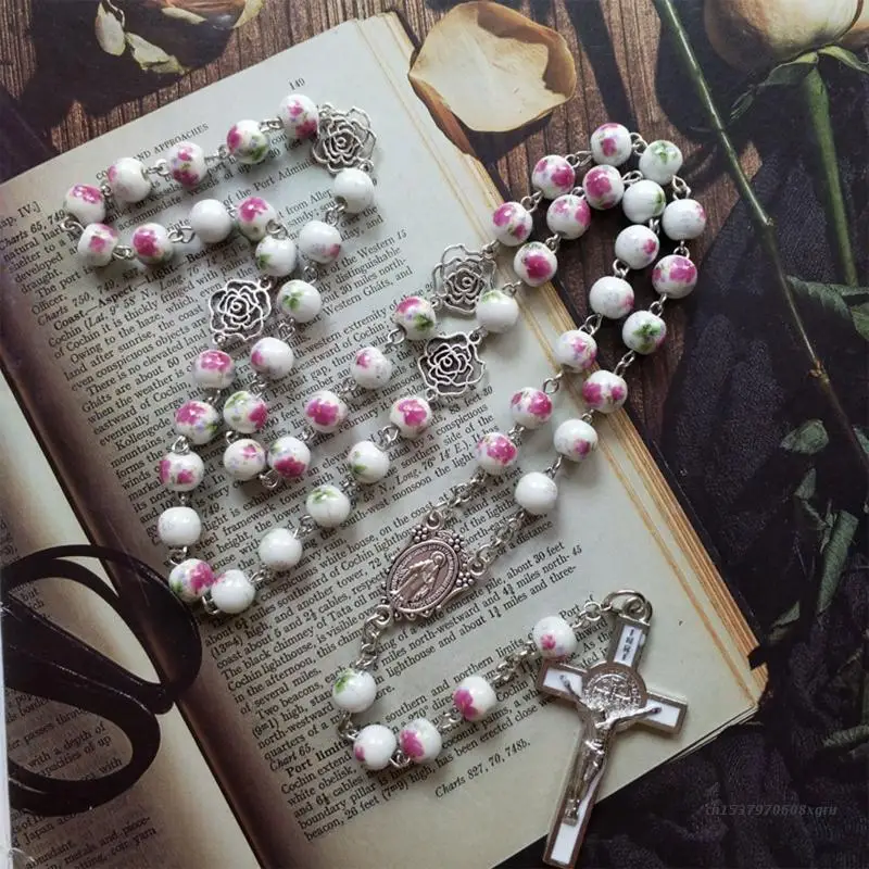 Ceramic Rose Cross Rosary Necklace Alloy Long Bead Chain Pendant Ornament for Home Church Yoga Studio Decoration Gift