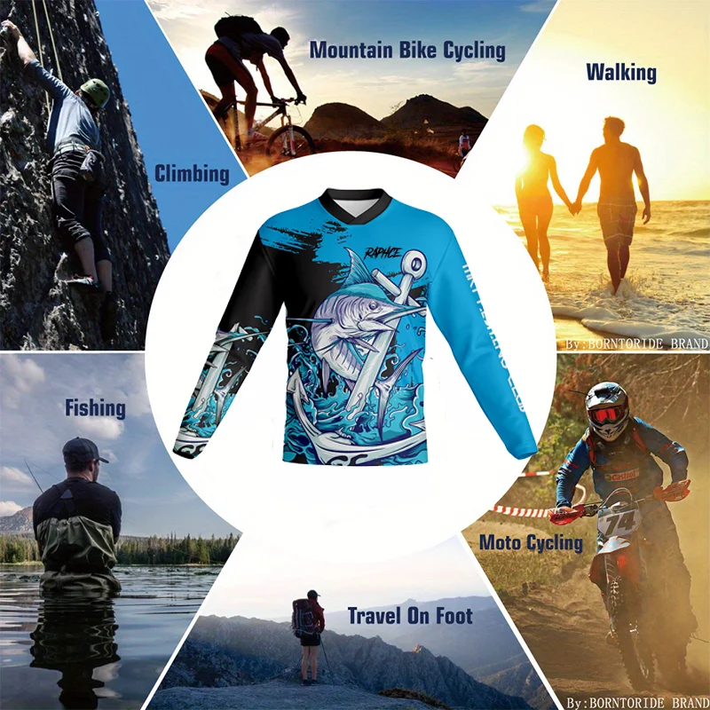Men\'s outdoor fishing round neck long-sleeved T-shirt, sailfish, piranha pattern printing cycling quick-drying shirt