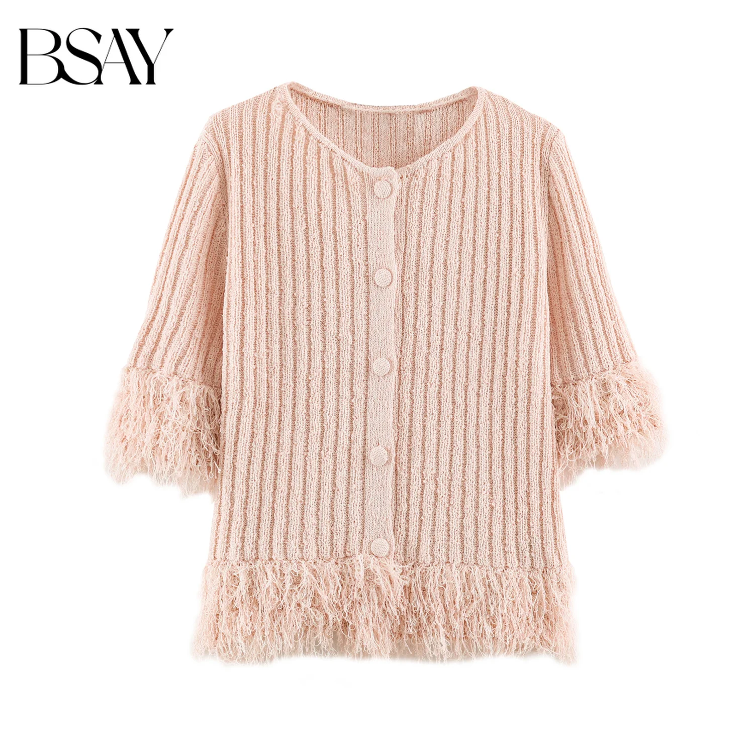 BSAY Women Tassel Fringe Knit Cardigan Round Neck Half Flare Sleeve Button Front Fringe Hem Loose Elegant Daily Knit Outer Top