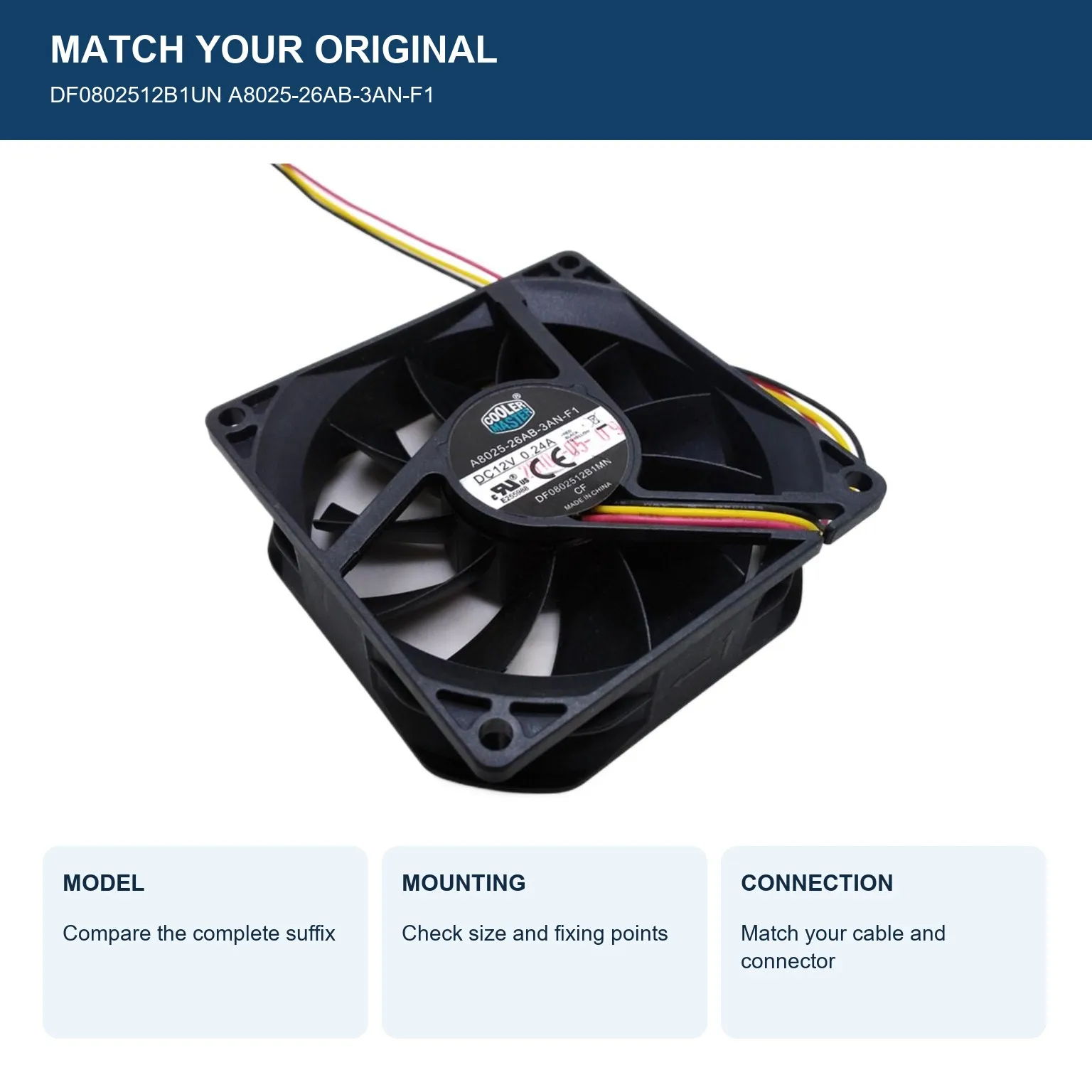 DF0802512B1UN Cooling Fan 80x80x25mm 8025 DC 12V 0.24A A8025-26AB-3AN-F1 for Cooler Master