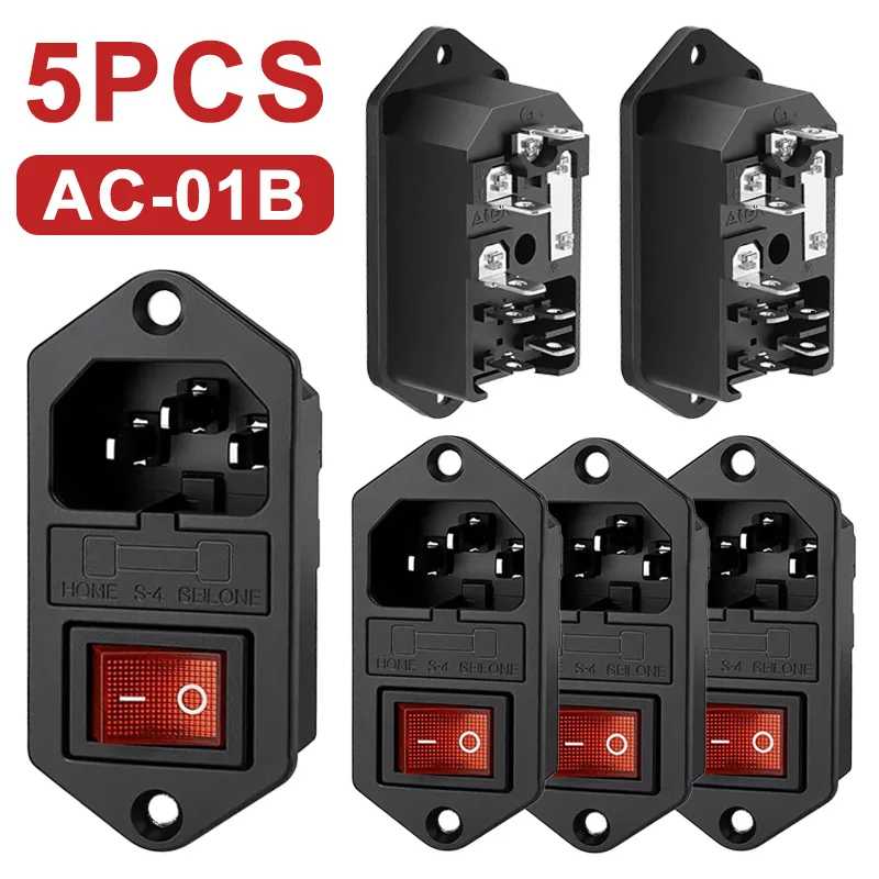 5/20Pcs AC-01B 3Pin Rocker Switch AC Switch AC Socket Electrical Socket Connector with 4Pin Red LED Light 10A Fuse