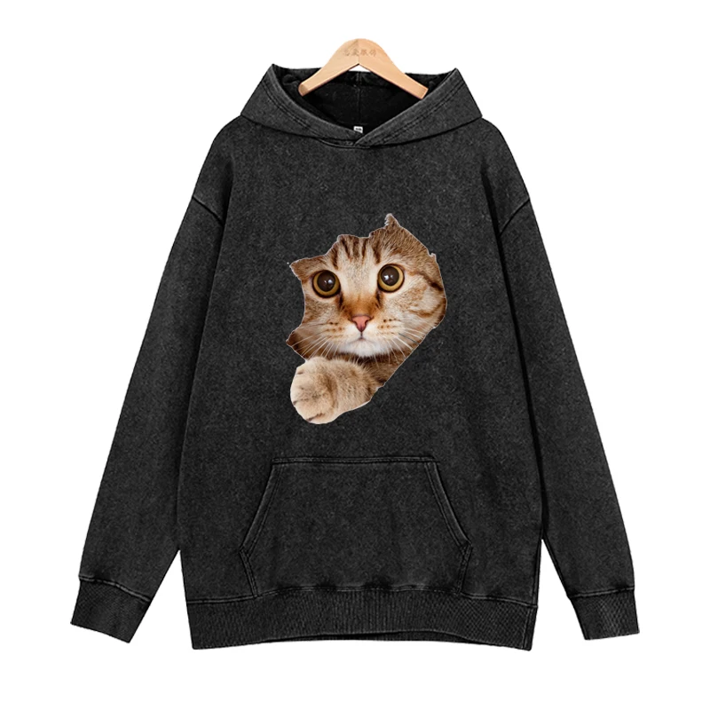 New fashionable round neck women\'s hoodie with cat print on the wall, casual women\'s loose long sleeved hoodie sweatshirt