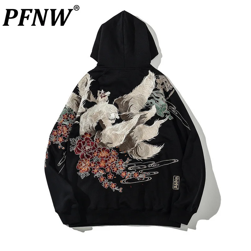 PFNW Chinese Style 2025 New Sweatshirt Men's Nine-tailed Fox Embroidery Hooded Tops Japanese Trend  Spring Loose Hoodies 28W5781