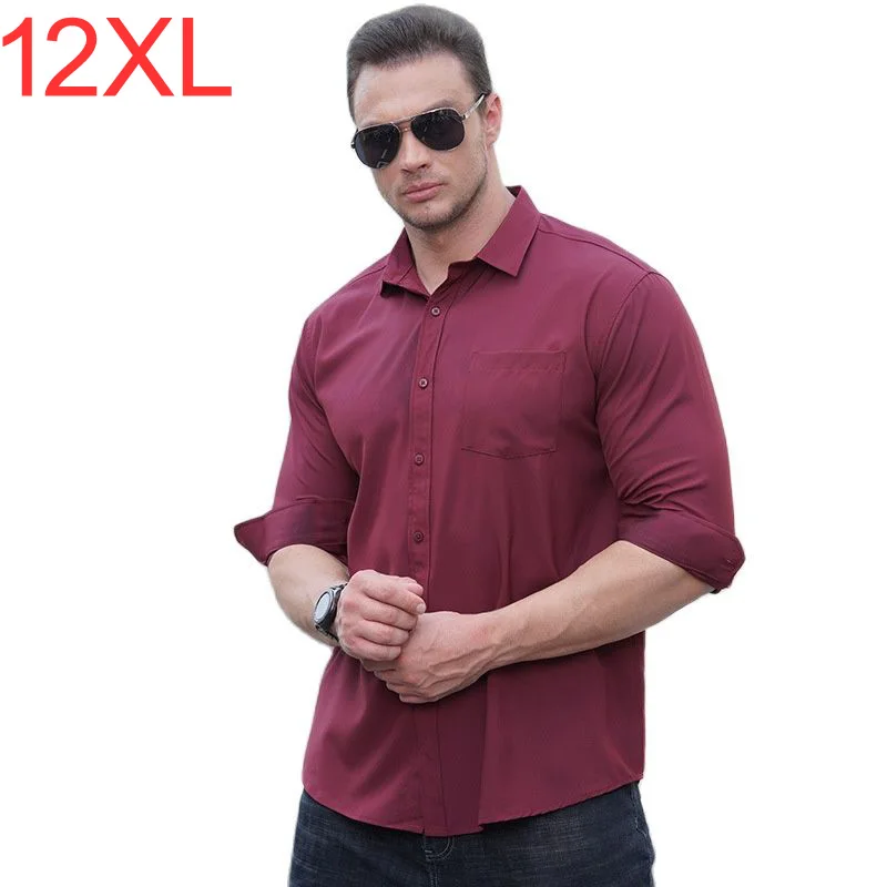 Autumn Winter Plus size 12XL 10XL 11XL Men Shirt long Sleeve Purple Black navy blue Business formal office wedding dress Shirt