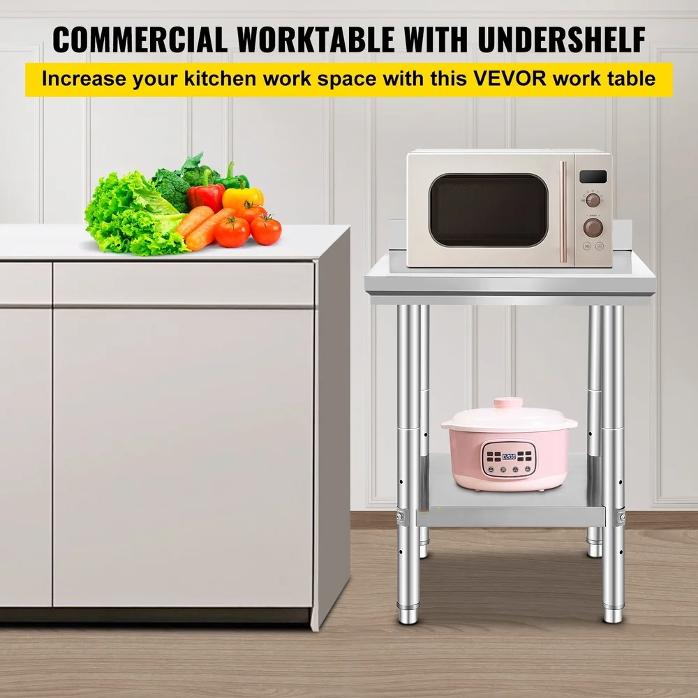 Adjustable Stainless Steel Kitchen Prep Table 24x24 Inch Commercial Work Table with Undershelf Food Storage and Organization