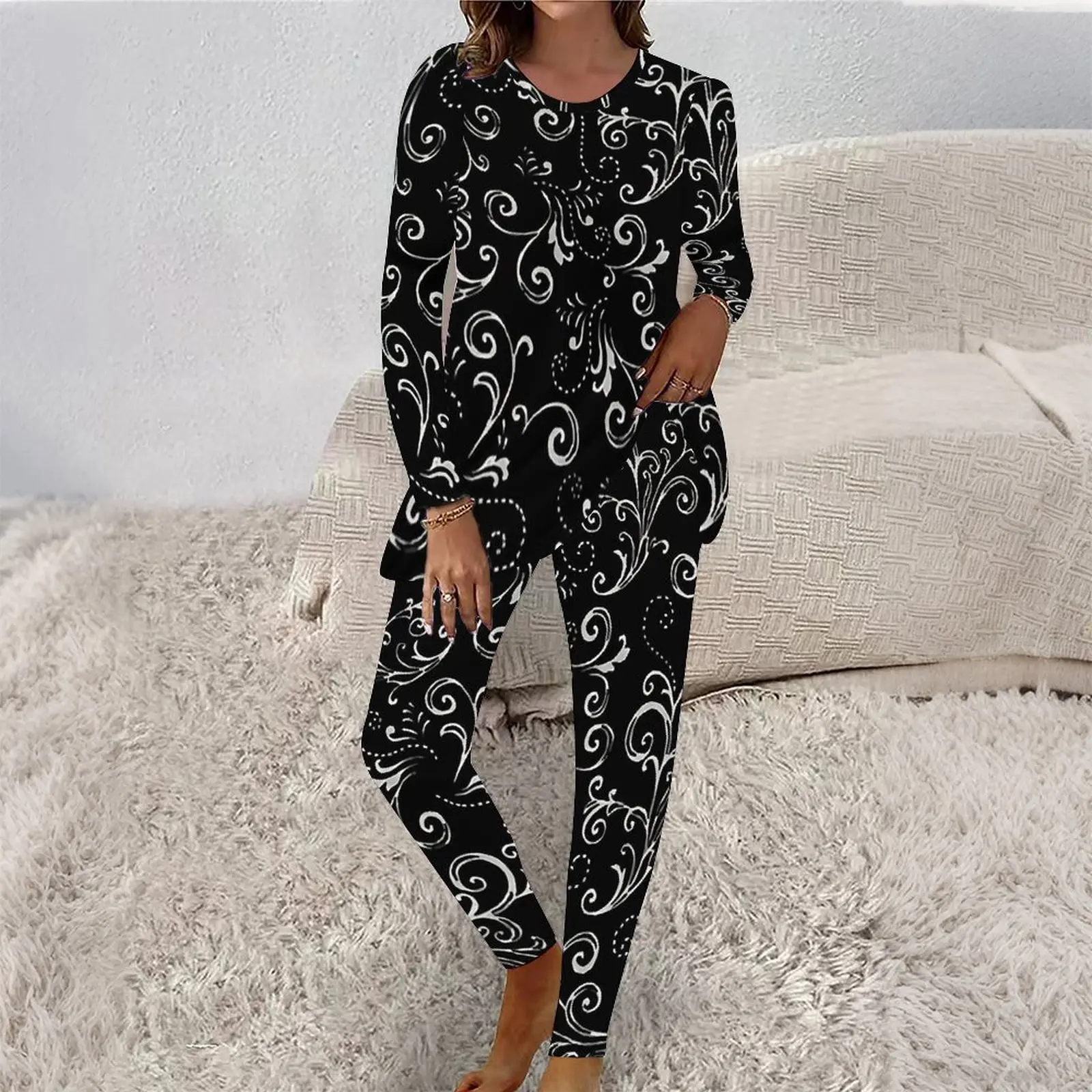 Autumn Daily Long Pants Women's Printed Long-sleeved  Winter Elegant Two-piece Set Round-neck Retro Suit  Fashion Tight Pants