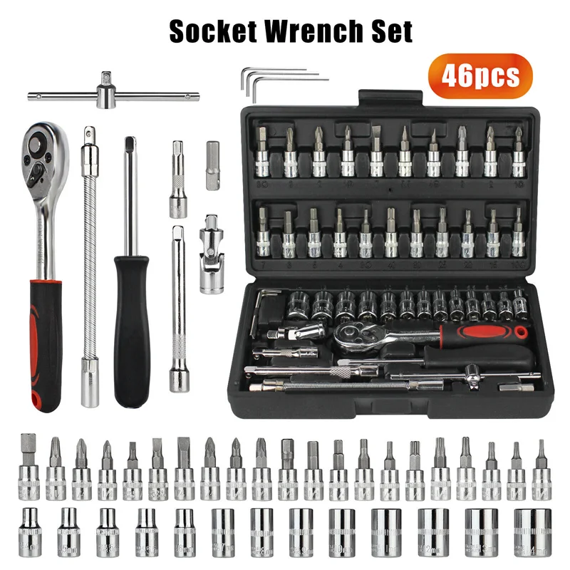 46Pcs Car Repair Tool Kit 1/4-Inch Socket Set Car Repair Tool Ratchet Torque Wrench Combo Auto Repairing Set Mechanic Tool