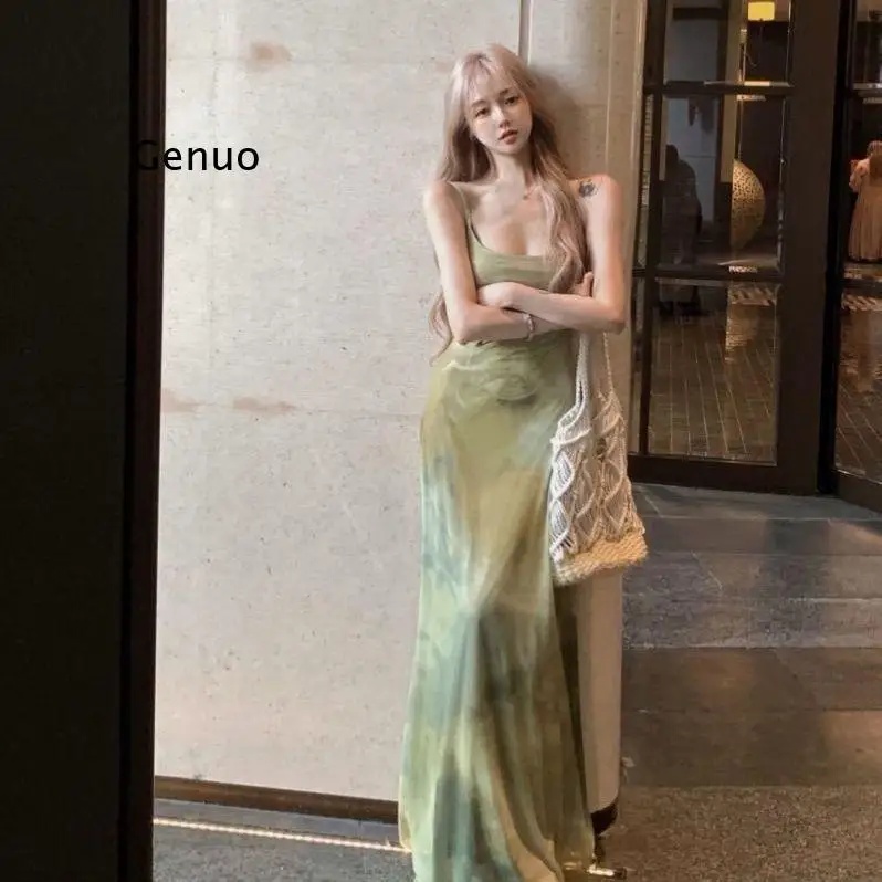 Vestido Maxi de Tirantes Finos con Estampado Tie Dye para Mujer, Estilo 2026, Espalda Descubierta, para Vacaciones de Verano