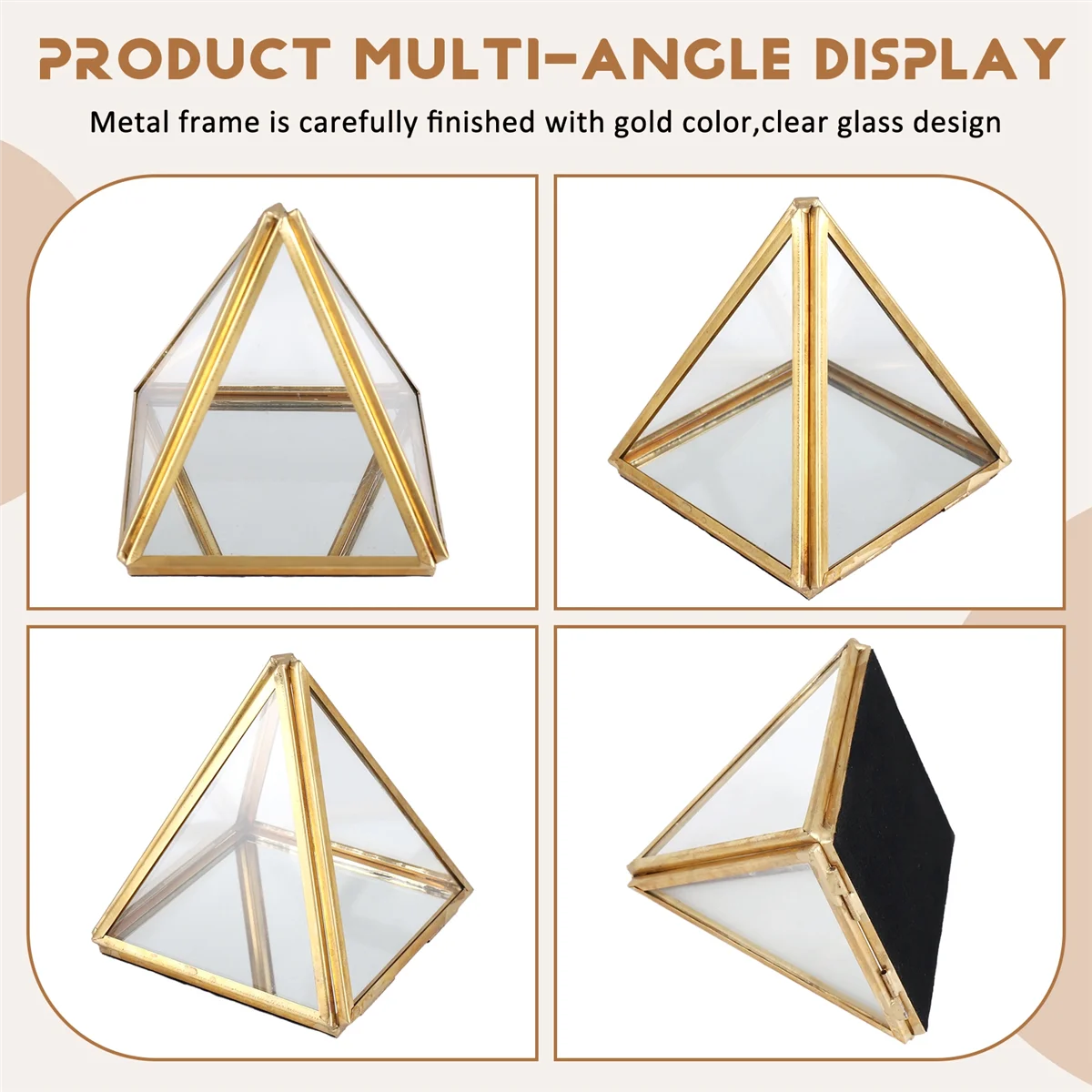 

A64E Стеклянная шкатулка для драгоценностей Золотая геометрическая декоративная шкатулка Геометрическая стеклянная пирамида Держатели для колец для свадьбы, подарка на день рождения S