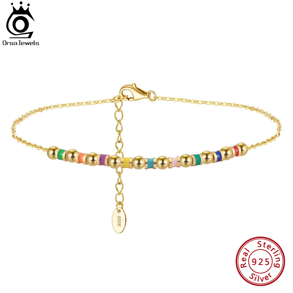 

ORSA JEWELS 925 Sterling Silver Rainbow Bead Anklet with Colorful Zircon for Women Summer Adjustable Foot Chains Jewelry SA94